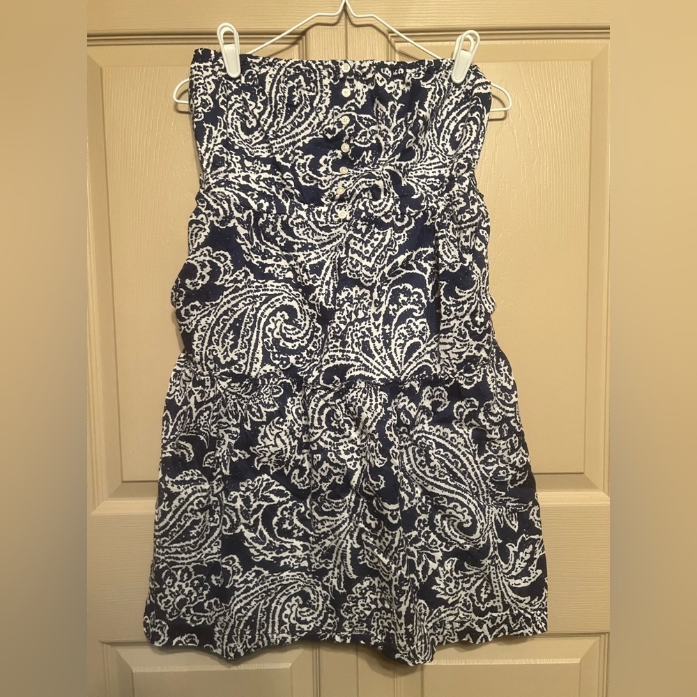 Navy and White Paisley Strapless Dress
